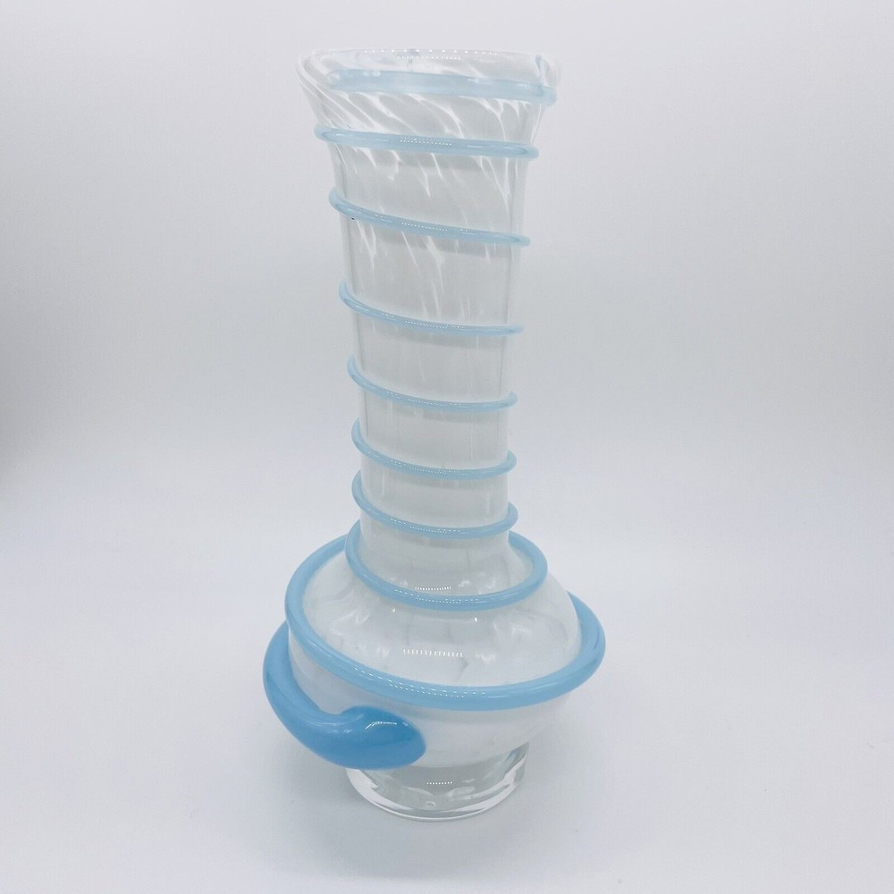 Unique Art Glass Pedestal Vase White Spatter Blue Swirl Wrapped Cord 7.25"